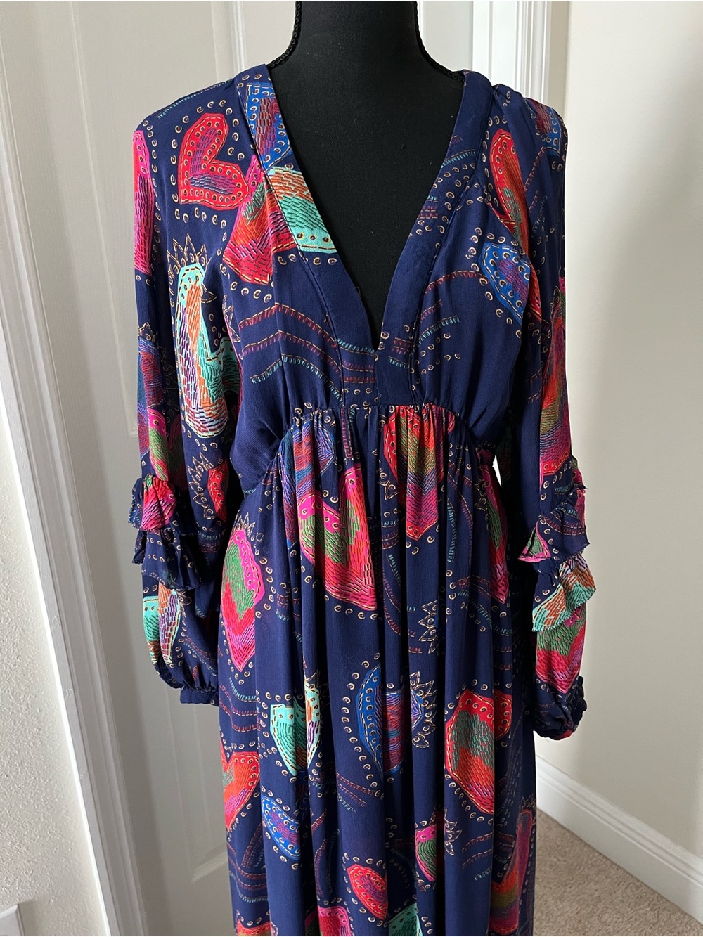 FARM Rio Shiny Hearts Ruffle Maxi Dress in Navy – Size M (Open Back) - Picture 2 of 7